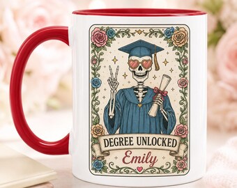 Personalized Degree Unlocked Graduation Mug, Funny Skeleton Graduate Mug, Red Accent Mug, Custom Name Graduation Gift