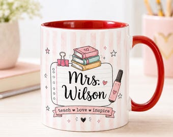 Personalized Teacher Mug, Custom Striped Teacher Coffee Cup, Teacher Appreciation Gift, Back to School Gift