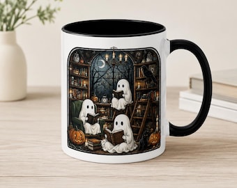 Ghost Reading Haunted Library Faux Halloween Mug, Bookish Gothic Ghost, Spooky Fall Gift Ceramic Coffee Cup