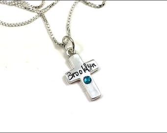 Cross Birthstone Necklace with Personalized Name