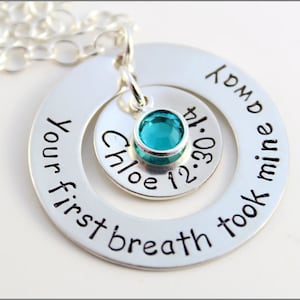 Personalized Sterling Silver New Mom Necklace | Your First Breath Took Mine Away, Custom Name & Birthdate Necklace