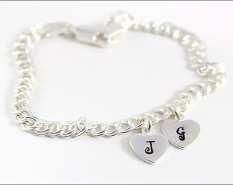 Two Heart Initial Sterling Silver Charm Bracelet | Couples Initial Bracelet, Children's Initial Bracelet, Custom Charm Bracelet