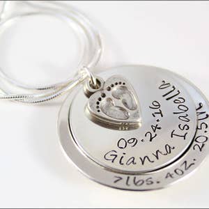 Stacked New Mom Necklace with Baby Feet Charm | Personalized Name, Birthdate, and Height & Weight