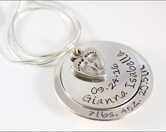 Stacked New Mom Necklace with Baby Feet Charm | Personalized Name, Birthdate, and Height & Weight