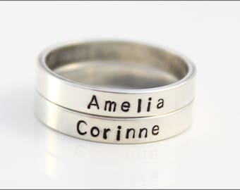Personalized Stacked Skinny Ring | Hand Stamped Ring, Sterling Silver Ring, Custom Name Ring, Custom Date Ring