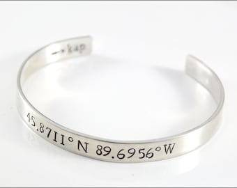 Custom Coordinates Bracelet | Sterling Silver Cuff Bracelet, Latitude Longitude Bracelet, Romantic Gifts for Her