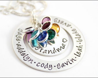 Personalized Sterling Silver Grandma Washer Necklace | Grandma Name & Birthstone Necklace, Gifts for Grandma