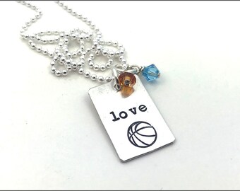 Sterling Silver Sports Necklace with Team Colored Birthstones | Basketball Love Necklace