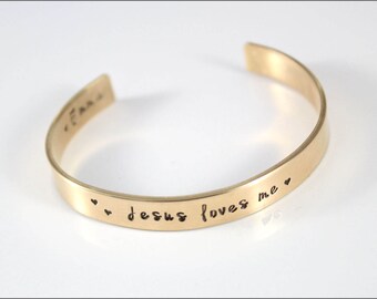 Personalized Gold Bangle Bracelet: "Jesus Loves Me", Baptism Gift