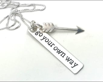 Silver Bar Necklace with Arrow Charm | Go Your Own Way, Inspiration Necklace, Graduation Gift