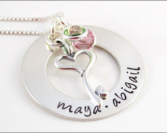 Personalized Sterling Silver Mom Washer Necklace | Key to My Heart Charm, Gifts for Wife, Birthstone Mom Necklace