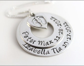 Personalized Stacked Washer Necklace with Baby Feet Charm | Children's Names & Birthdates, Hand Stamped Mother Necklace