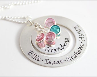 Personalized Grandma Washer Necklace with Birthstones | Personalized Name Necklace, Grandma Birthstone Necklace