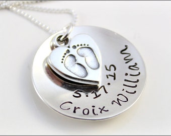Personalized Mom Necklace with Baby Name, Birthdate and Baby Feet