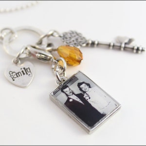 Personalized Family Necklace | Custom Photo Charm, Fancy Key Charm, Sterling Silver Hand Stamped Necklace, Long Chain Necklace