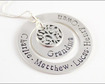 Personalized Silver Grandma Washer Necklace | Tree of Life Charm, Grandchildren Necklace, Custom Name Jewelry, Gift for Grandma