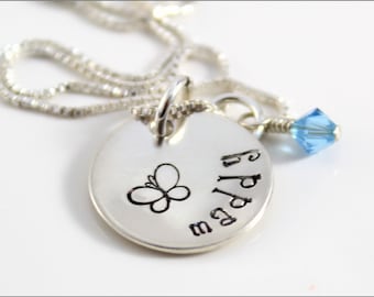 Personalized Name Necklace with Design & Birthstone: Sterling Silver Girls Jewelry