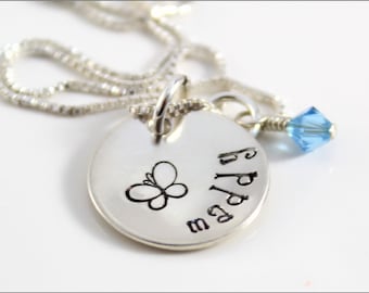 Personalized Name Necklace with Design & Birthstone | Sterling Silver Hand Stamped Girls Jewelry