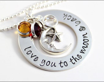 Love You to the Moon & Back Washer Necklace | Sterling Silver Mom Necklace, Personalized Birthstone Necklace, Hand Stamped Mom Jewelry