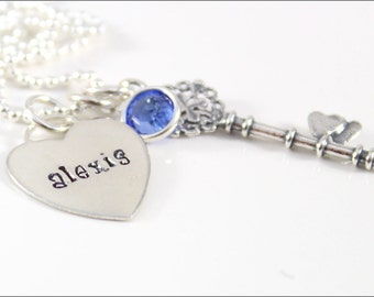 Personalized Heart with Fancy Key Charm & Birthstone Necklace | Tiffany Heart Name Pendant, Sterling Silver Mom Necklace