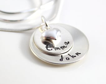 Sterling Silver Name Jewelry | Personalized Two Name Necklace, Puffy Heart Charm, Custom Mom Necklace, Unique Gifts for Mom