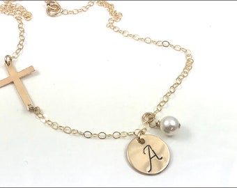 Personalized Initial Necklace with Cross Chain | Gold Cross Necklace, First Communion Gift, Initial Cross Necklace, Confirmation Gift