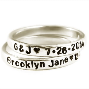 Silver Personalized Skinny Ring | Stacked Sterling Silver Ring, Customize Name or Date on Ring, Stackable Rings, Gift for Her
