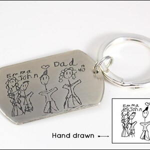 Children&#39;s Hand Drawn Etched Keychain | Actual Drawing on Keychain, Handwriting on Keychain, Special Gifts for Dad, Gift Ideas for Him