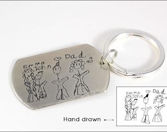 Children's Hand Drawn Etched Keychain | Actual Drawing on Keychain, Handwriting on Keychain, Special Gifts for Dad, Gift Ideas for Him