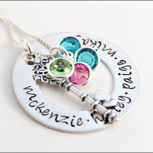 Personalized Washer Name Necklace | Fancy Key Charm & Birthstones, Sterling Silver Name Necklace, Hand Stamped Mommy Jewelry