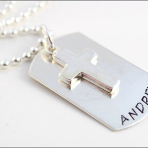 Gepersonaliseerde zilveren heren dog tag naam ketting | Sterling zilveren kruis charme, ketting voor mannen, religieuze geschenken voor mannen