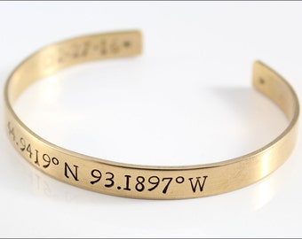 Custom Latitude & Longitude Coordinates Bracelet | Location GPS Coordinate Bracelet, Personalized Gold Cuff Bracelet