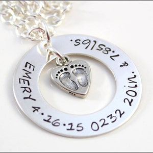 Sterling Silver Personalized Jewelry | Child Name Birthdate Weight Length Necklace, Baby Feet Charm, Custom Mom Necklace, Gifts for Mom