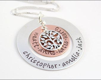 Personalized Silver Grandma Necklace | Sterling Silver & Copper Necklace, Tree of Life Charm, Many Name Necklace, Gifts for Grandma