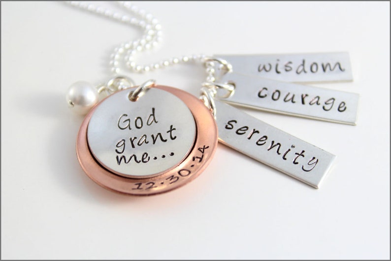 Serenity Prayer Necklace Custom Serenity Necklace, Sobriety Date, Sterling Silver & Copper Jewelry image 1