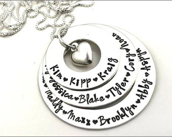 Personalized Grandma Stacked Washer Necklace with Puffy Heart Charm | Sterling Silver Name Necklace, Gifts for Grandma