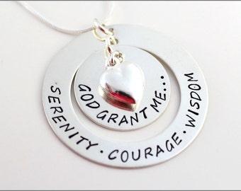 Serenity Prayer Necklace with Puffy Heart | Sterling Silver God Grant Me Serenity, Courage, Wisdom Hand Stamped Jewelry