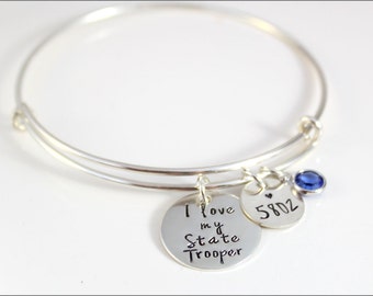 State Trooper Bangle Bracelet | Personalized Name or Badge Number Charm, Service Bracelet, State Trooper Jewelry, State Trooper Wife