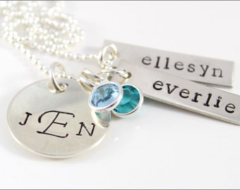 Custom Silver Family Necklace with Initials, Names & Birthstones | Sterling Silver Tag Necklace, Initials Necklace