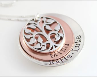 Personalized Grandma Jewelry | Sterling Silver & Copper Stacked Necklace with Tree of Life, Mothers Day Gift