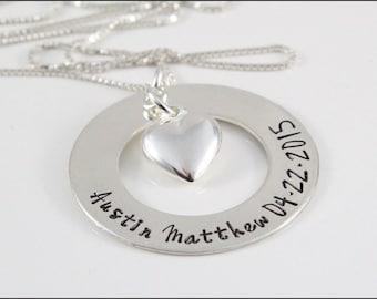 Sterling Silver Washer Name & Birth Date Necklace with Heart Charm