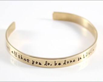 Custom Gold Cuff Mantra Bracelet | Corinthians Quote, Inspiration Bracelet, Hand Stamped Bracelet, Gift for Her