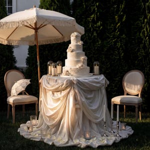 May include: A tiered white wedding cake decorated with roses and intricate details sits on a draped table. The scene includes a cream-colored parasol, chairs, candles, and a lace parasol, creating an elegant outdoor setting.