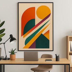 Impression géométrique Mid-Century moderne : Soleil et formes abstraits (Téléchargement numérique PNG-JPG-PDF)