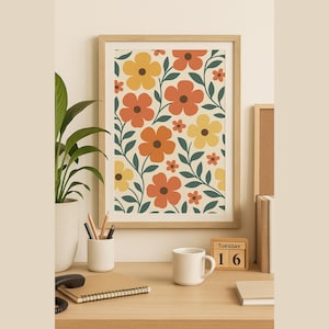 Retro Floral Wall Art Print – Mid Century Modern Flower Poster, Boho Botanical Art for Kitchen, Entryway, Living Room, Digital Download