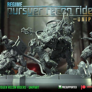 May include: A detailed, gray miniature set featuring the text "REGIME PURSUER RECON RIDERS - UNIPART". The set includes multiple figures of riders and creatures, with the "FURRY BREAKOUT" and "WAR BEAR STUDIOS" logos.