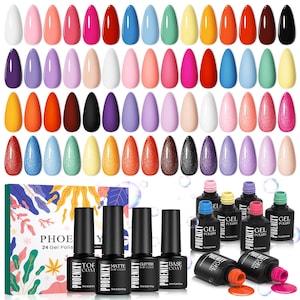 May include: A collection of 64 almond-shaped nail tips displaying various solid and glitter gel polish colors, accompanied by a set of 7ml Phoenixy gel polish bottles, a base coat, a top coat, a matte top coat, and a glitter top coat in a box.