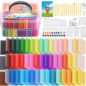 May include: A multi-colored polymer clay kit with a clear plastic carrying case. The kit includes various clay colors, tools, and jewelry-making supplies. The clay is arranged in a rainbow of colors, with additional accessories for crafting.