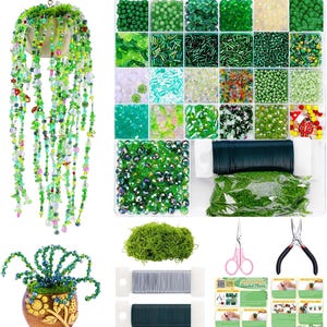 May include: A DIY craft kit for creating beaded plants, featuring a large grid container filled with various green and clear glass beads, spools of silver and dark green wire, green moss, pink-handled scissors, pliers, and an instruction sheet.