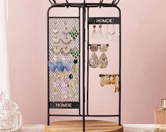 Rotating Jewelry Organizer Stand, Adjustable Necklace & Earring Holder, Metal Display with Wood Base, Gift for Her